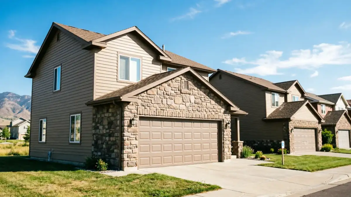 The house has a brown garage door with stone and siding, and a driveway.