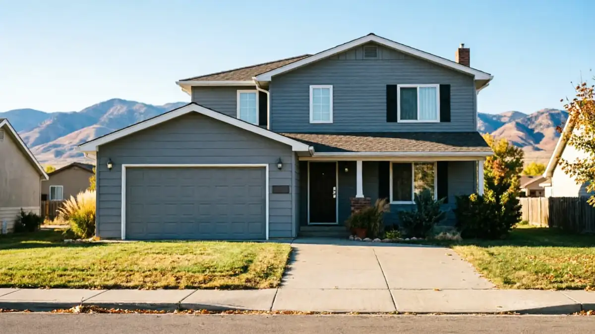 A gray house with a gray garage door and a brown roof.
