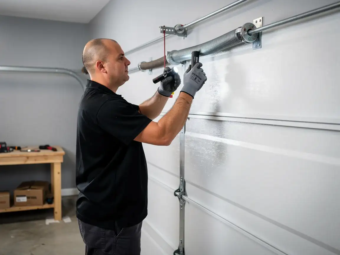 A technician inspects a garage door torsion spring with a flashlight.