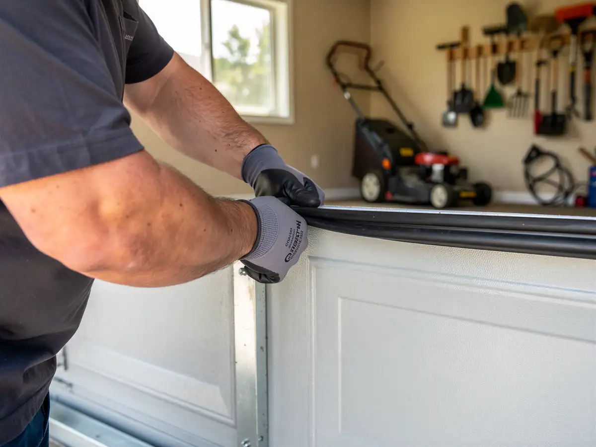 A technician wearing gloves installs a new weather seal on a white garage door.