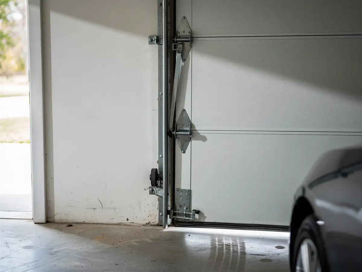 A white garage door is partially open with a car visible inside.