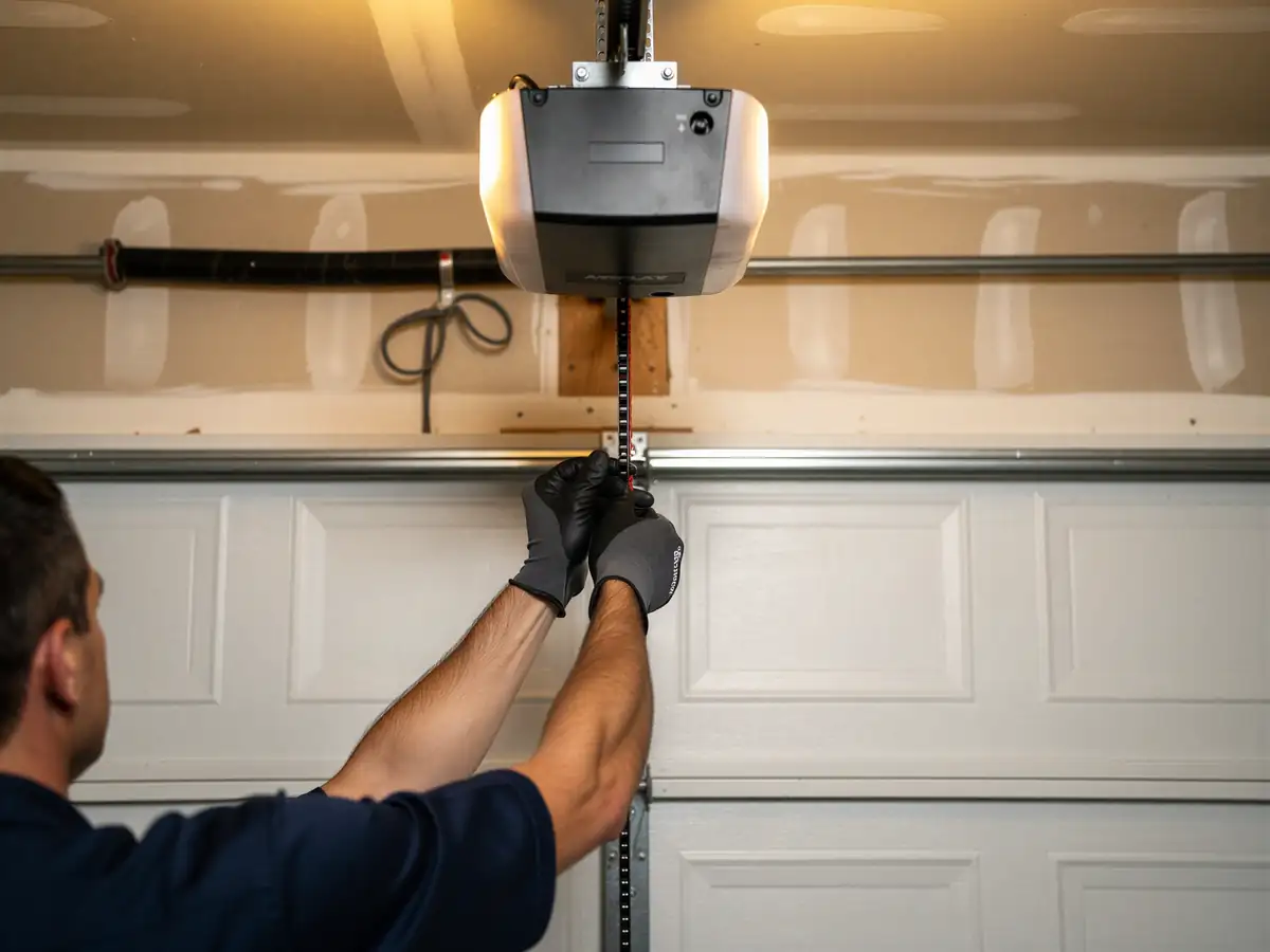 A technician adjusts the chain on a garage door opener above a white garage door.